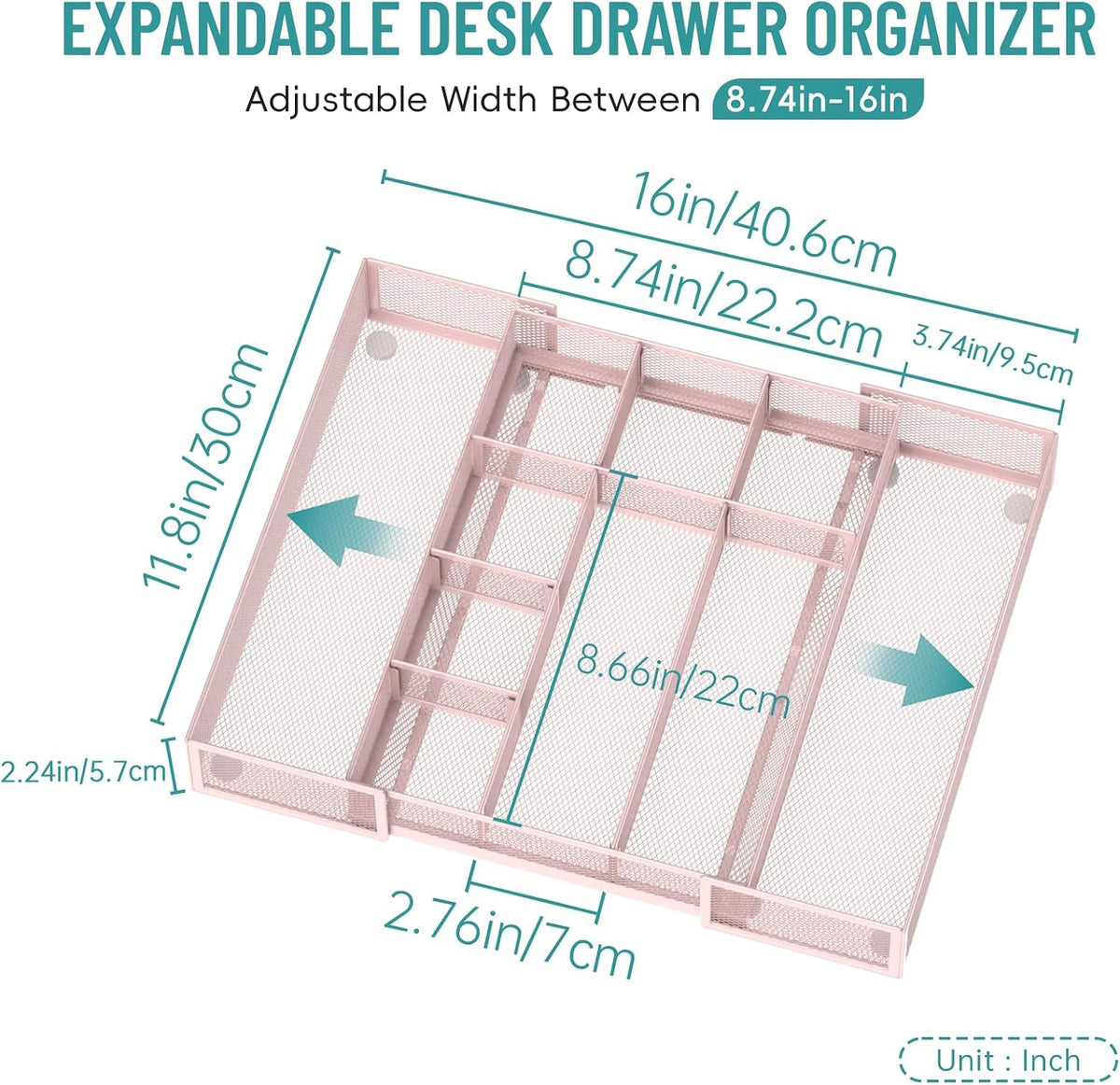 Expandable Desk Drawer Organizer Tray with 10 Adjustable Compartments, Metal Mesh Office Drawer Organizer, Versatile Desk Organizer for Home, School Supplies, Makeup Vanity & Jewelry (Black)