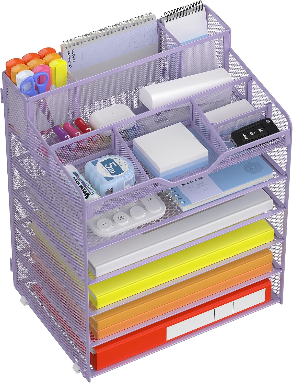 Docnest 5 Tier Mesh Desk Organizer for Paper Office Supplies – Multi-Functional Letter Tray with 5 Adjustable Compartments, 3 Pen Holders, Desktop Storage for Files, Mail, Stationery – Black