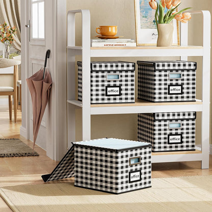 Upgraded Portable File Organizer Box with Lid, Collapsible Linen Hanging Filing Storage Boxes with Plastic Slides, Decorative Home/Office Filing System Box for File and Folders Storage (Gray)