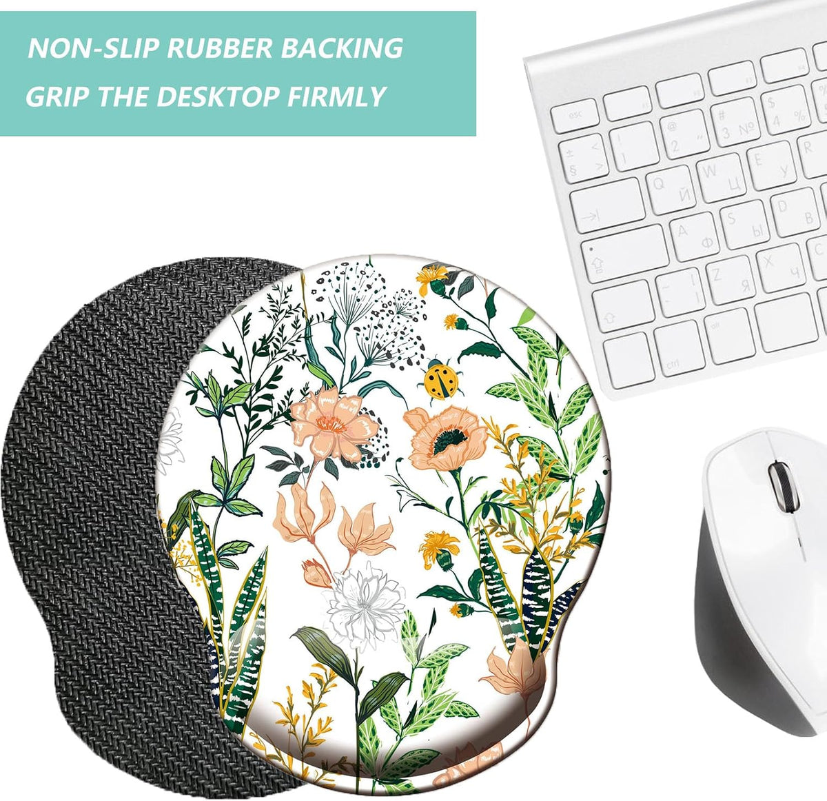 Mouse Pad with Wrist Support, Ergonomic Mouse Pad with Memory Foam Wrist Rest Cushion, Non-Slip Rubber Base Gaming Mice Pad for Home Office Computer Laptop, Flower Black