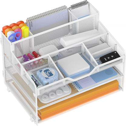 Docnest 5 Tier Mesh Desk Organizer for Paper Office Supplies – Multi-Functional Letter Tray with 5 Adjustable Compartments, 3 Pen Holders, Desktop Storage for Files, Mail, Stationery – Black