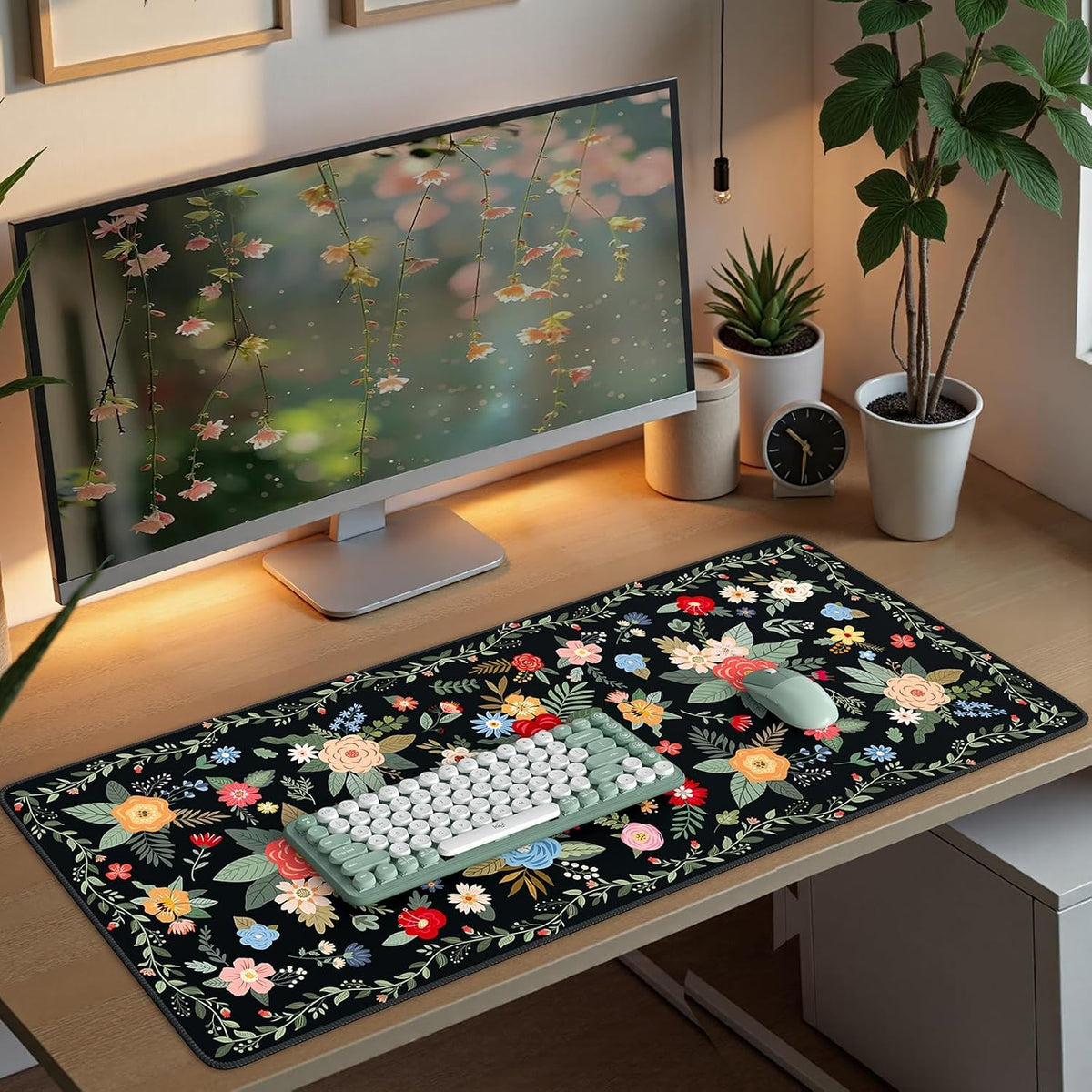 Desk Mat,Mouse Pad for Office Desk,35.4x15.7in,Pink Flowers
