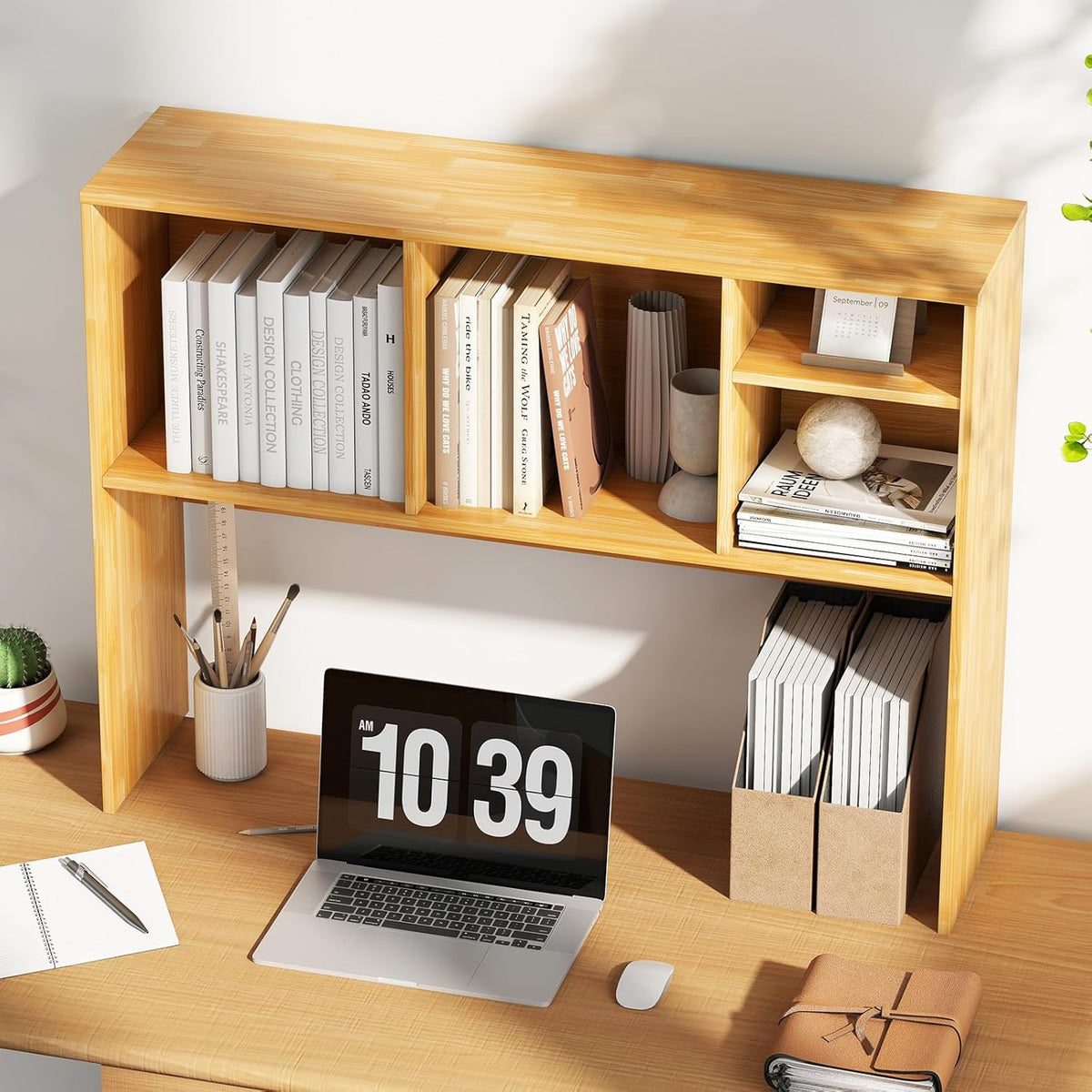 Desktop Bookshelf, Countertop Storage Hutch with 5 Shelves for Computer Desk, Desk 3-Tier Display Rack, Multipurpose Wood Desktop Hutch Storage Organizer for Dorm Office Home