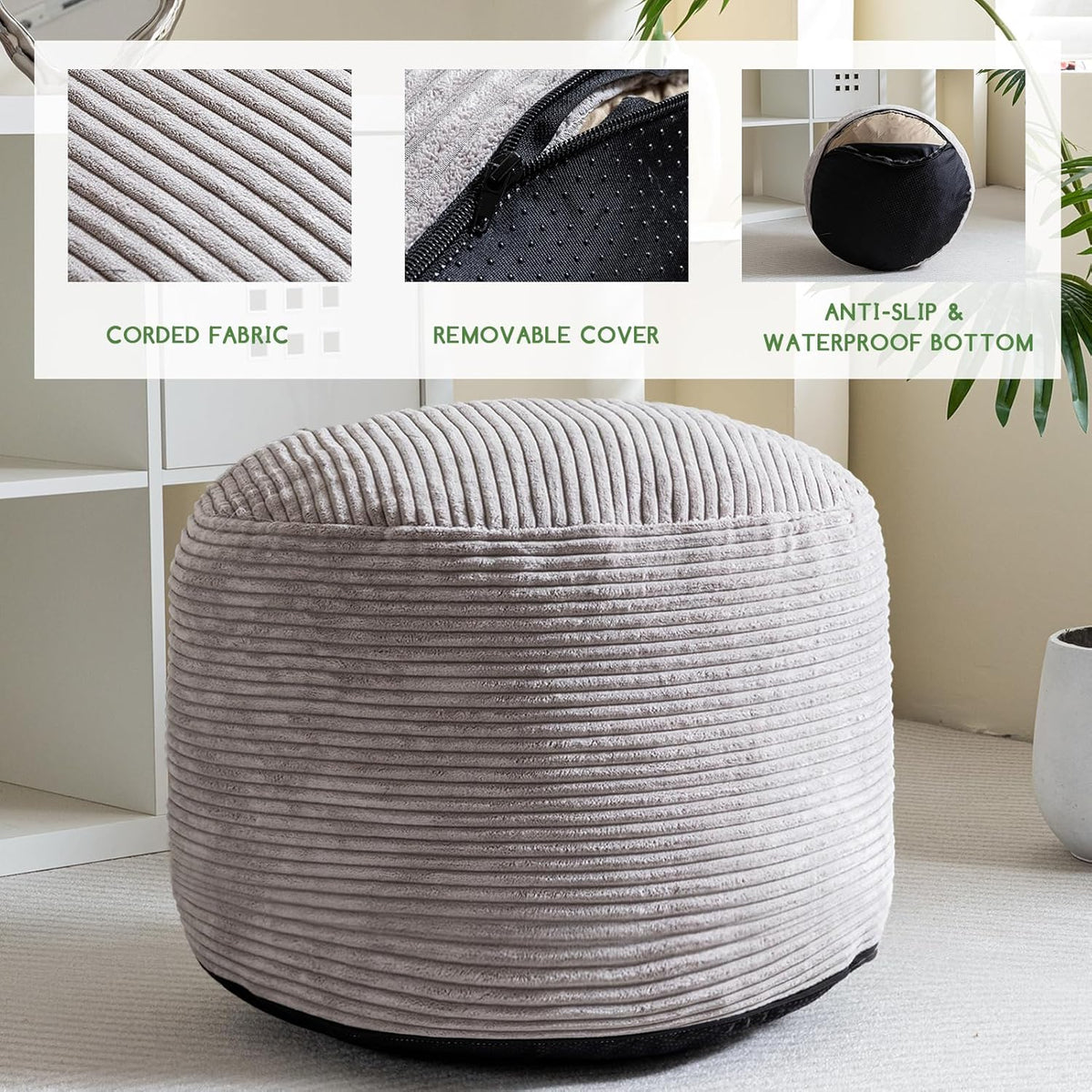 Round Stuffed Pouf Ottoman, Corduroy Poufs with Foam Chunk Filling, Furry and Fluffy Pouf Foot Stool Storage Ottoman, 20 X 15 Floor Poufs Foot Rest for Living Room, Dark Grey