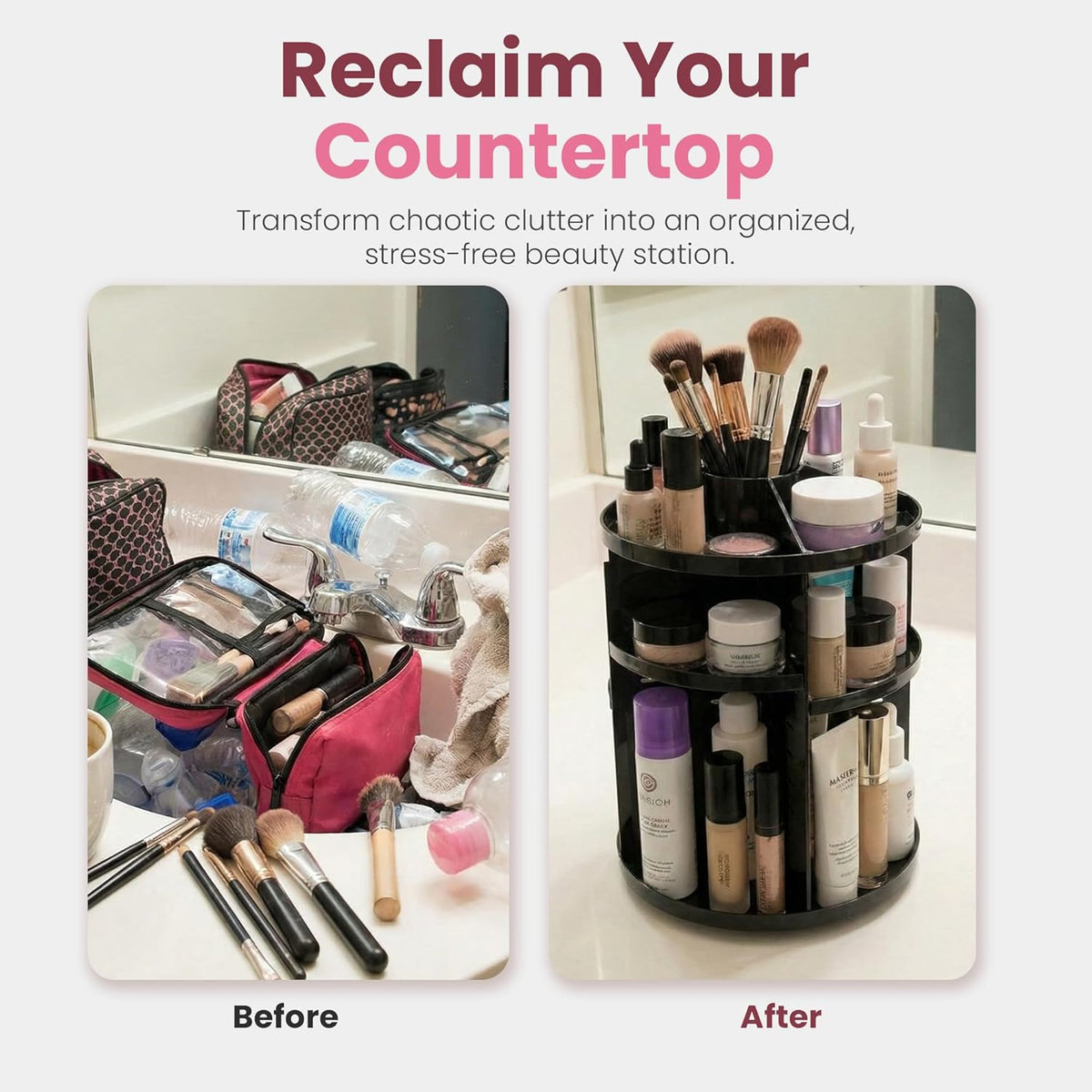 Masirs 360 Rotating Makeup Organizer Countertop - Adjustable Shelf Height - The Perfect Round Spinning Cosmetic Organizer for Bedroom Dresser or Vanity Countertop Storage (Clear)