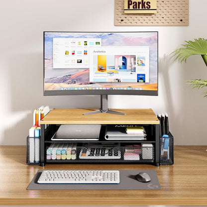 Desk Organizers and Accessories, Computer Monitor Stand Riser with Drawer and 2 Pen Holders, Printer & Laptop Stand, Office Desk Accessories & Workspace Organizers for Home Office Supplies, Black