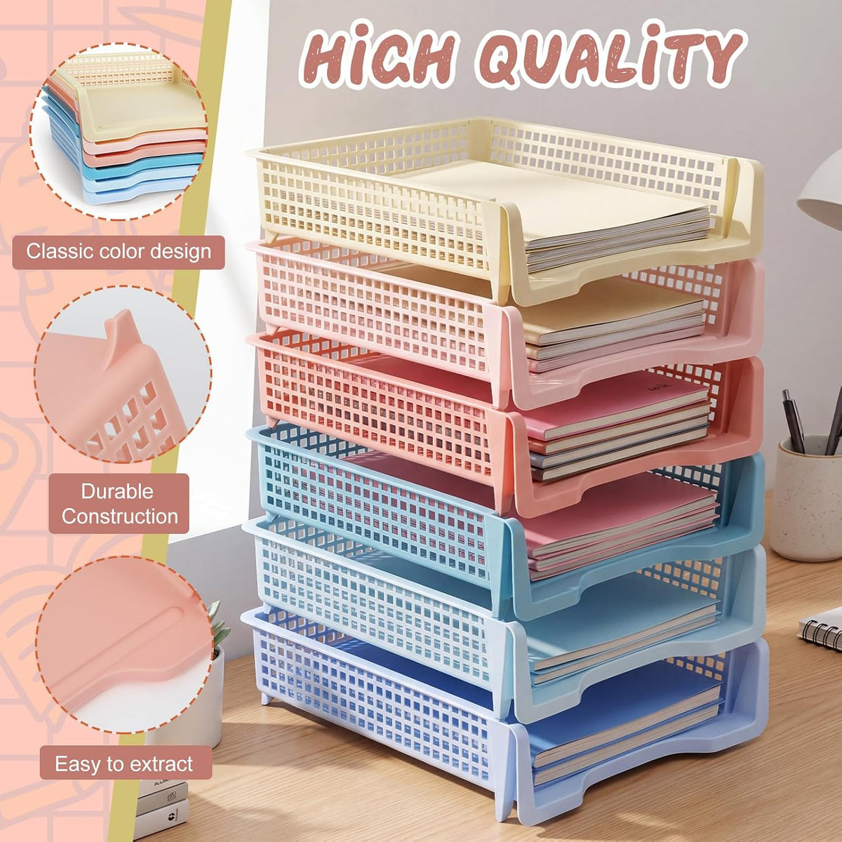 Tenceur 6 Pcs Turn in Trays Classroom, Pastel Paper Tray for Classroom Organization and Storage Stackable Plastic Book Baskets Teacher Organizers for Library Drawers Office Desk