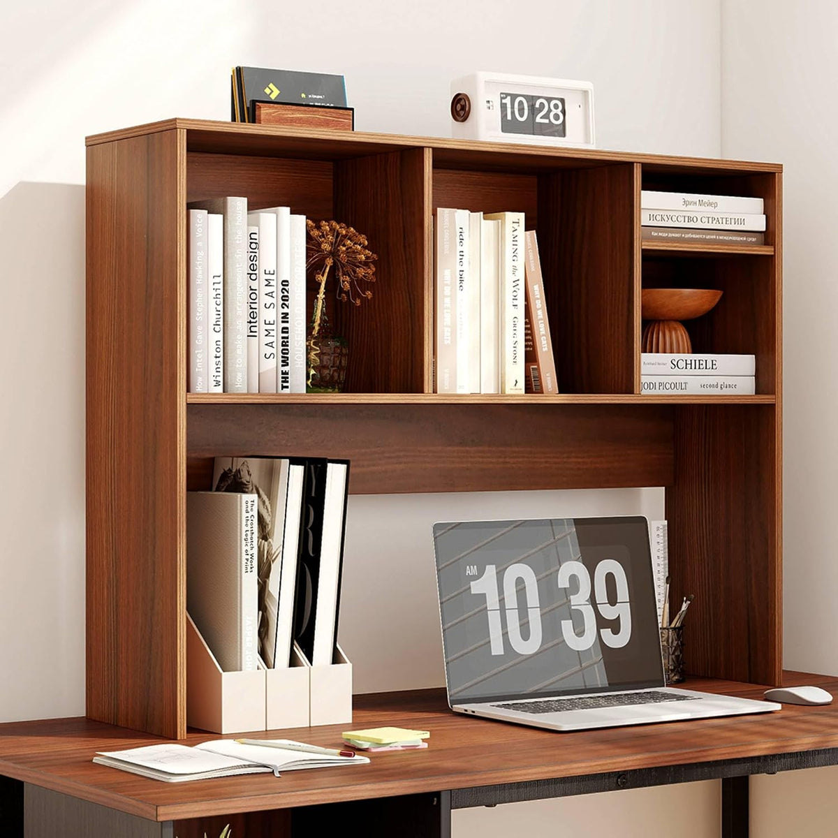 Desktop Bookshelf, Countertop Storage Hutch with 5 Shelves for Computer Desk, Desk 3-Tier Display Rack, Multipurpose Wood Desktop Hutch Storage Organizer for Dorm Office Home