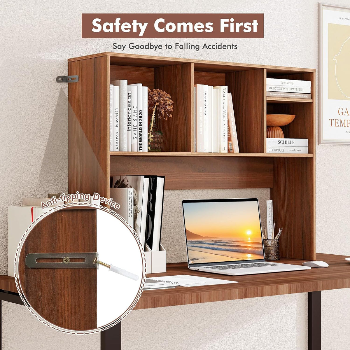 Desktop Bookshelf, Countertop Storage Hutch with 5 Shelves for Computer Desk, Desk 3-Tier Display Rack, Multipurpose Wood Desktop Hutch Storage Organizer for Dorm Office Home
