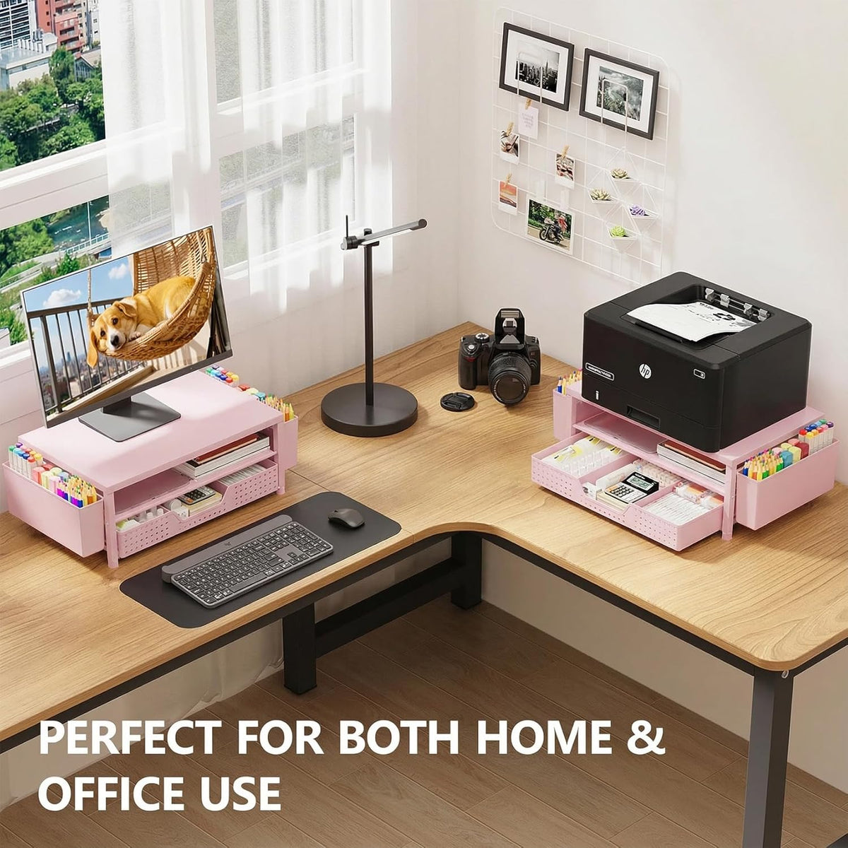 Desk Organizers and Accessories, Computer Monitor Stand Riser with Drawer and 2 Pen Holders, Printer & Laptop Stand, Office Desk Accessories & Workspace Organizers for Home Office Supplies, Black