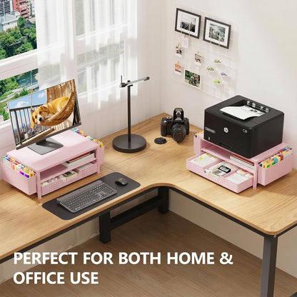 Desk Organizers and Accessories, Computer Monitor Stand Riser with Drawer and 2 Pen Holders, Printer & Laptop Stand, Office Desk Accessories & Workspace Organizers for Home Office Supplies, Black