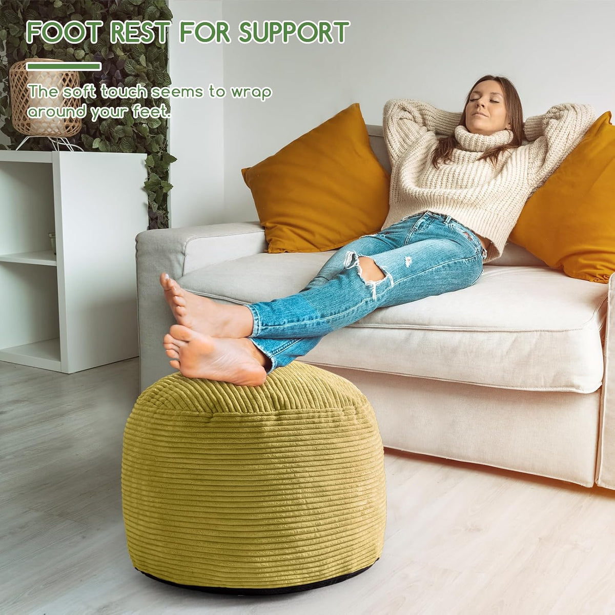 Round Stuffed Pouf Ottoman, Corduroy Poufs with Foam Chunk Filling, Furry and Fluffy Pouf Foot Stool Storage Ottoman, 20 X 15 Floor Poufs Foot Rest for Living Room, Dark Grey