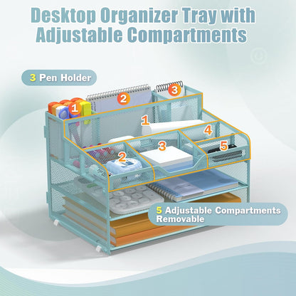 Docnest 5 Tier Mesh Desk Organizer for Paper Office Supplies – Multi-Functional Letter Tray with 5 Adjustable Compartments, 3 Pen Holders, Desktop Storage for Files, Mail, Stationery – Black