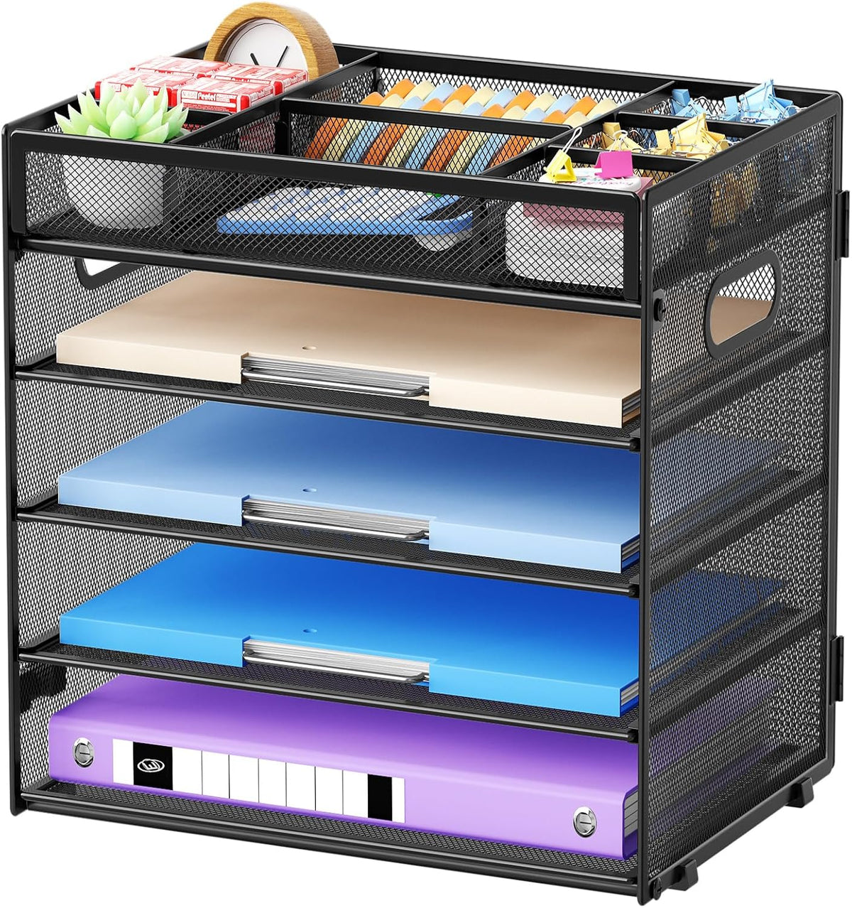 Marbrasse 5 Tier Paper Organizer Letter Tray, Mesh Desk File Organizer with Handle, Paper Sorter Desk Organizer for Home Office Supplies - Black, Adjustable