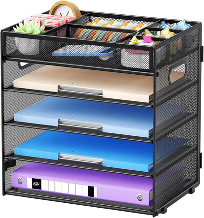 Marbrasse 5 Tier Paper Organizer Letter Tray, Mesh Desk File Organizer with Handle, Paper Sorter Desk Organizer for Home Office Supplies - Black, Adjustable