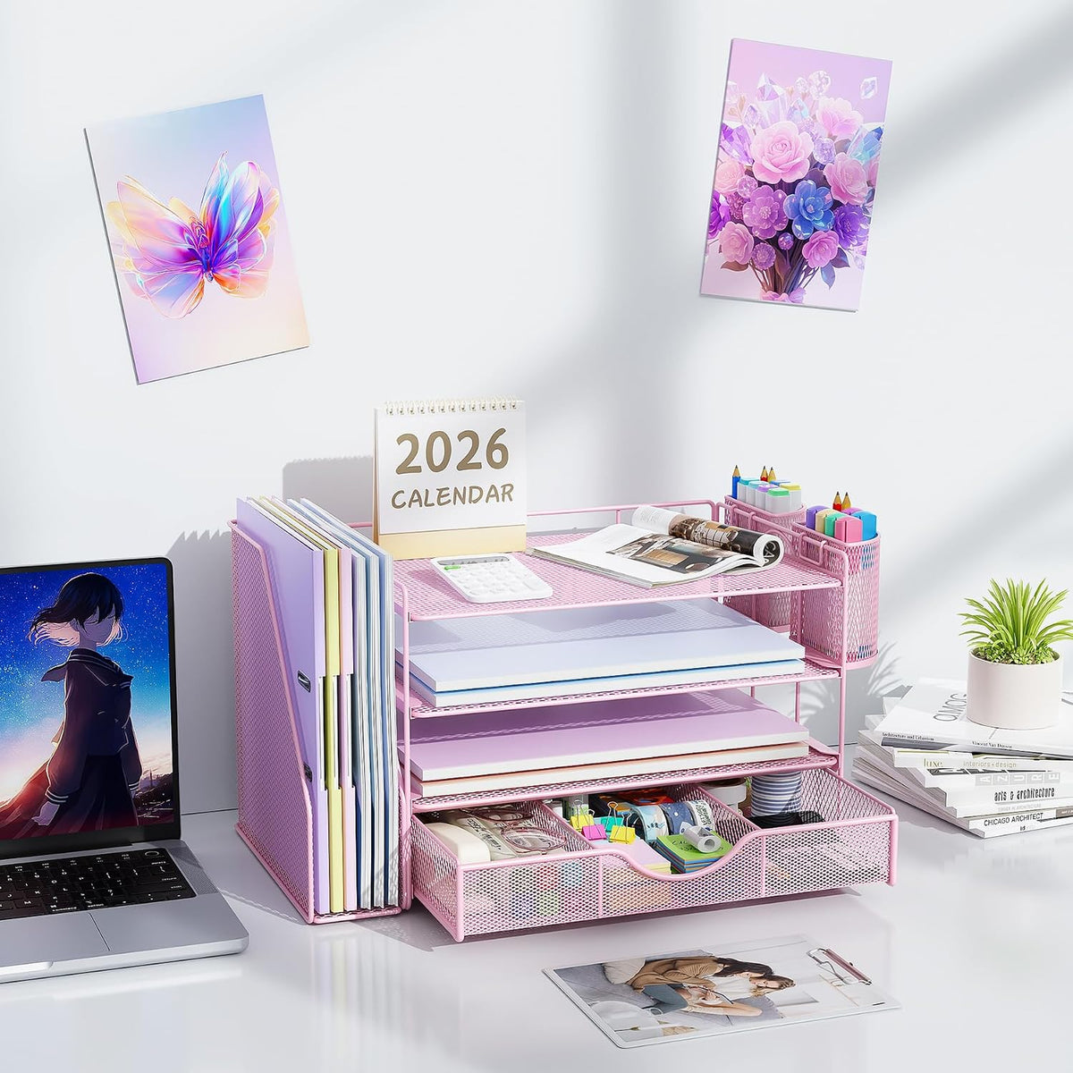 gianotter Desk Organizers and Accessories with File Holder, 4-Tier Desk Accessories & Workspace Organizers with Drawer and 2 Pen Holder, Paper Organizer for Office Supplies (Rose Gold)