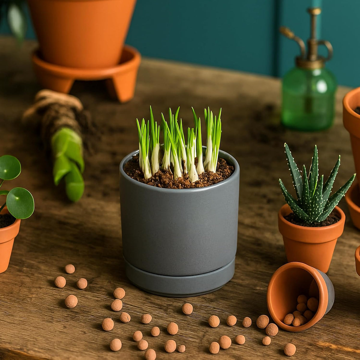 D'vine Dev 4.7 Inch Ceramic Planter Pot with Drainage Hole and Saucer, Indoor Cylinder Round Planter Pot, Teal, 94-O-B-9