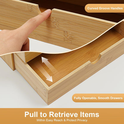 Desk Organizer, Office Vanity Bamboo Desk Organizer, Mini Bamboo Desk Drawer Tabletop Storage Box with 2 Drawer Night Stand Table Organizer for Makeup Vanity Office Supplies (2 Drawer)