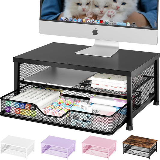 OPNICE Desk Organizers and Accessories, Computer Monitor Stand Riser with Drawer and 2 Pen Holders, Printer & Laptop Stand, Office Desk Accessories & Workspace Organizers for Home Office Supplies, Black