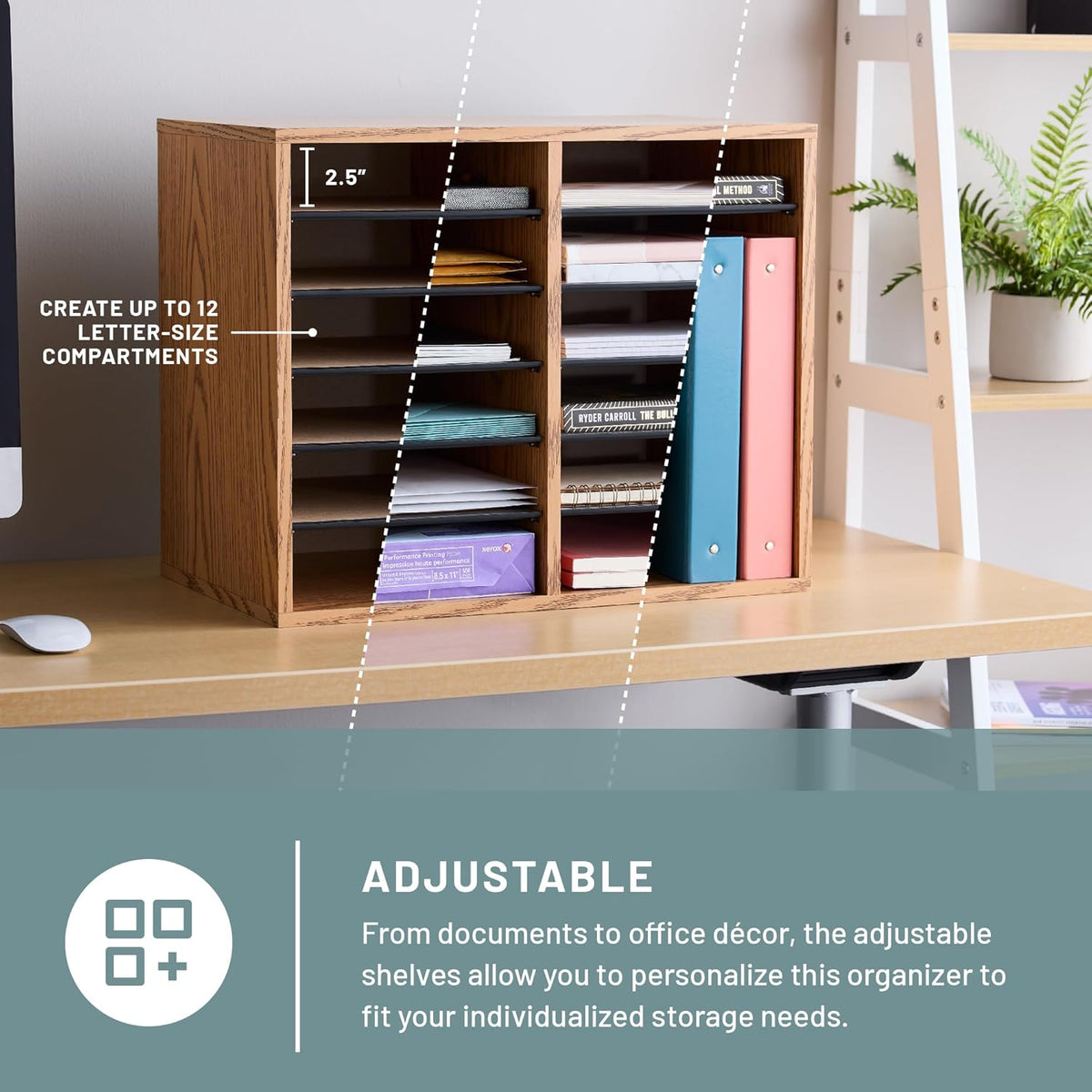 Safco 9422GR Wood Adjustable Literature & Paper Organizer, 16 Adjustable Compratment, Stackable Durable Construction, Home, Office, Mailroom, Classroom Mailbox , Gray