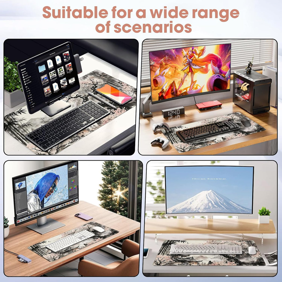 31.5" x 15.7" Waterproof Fabric Desk Pad, Rubber Anti-Slip Base, Stitched Edges No Curling, Fits Laptop Keyboard and Mouse, Smooth Office Mat Large Mouse Pad for Work Game, Black
