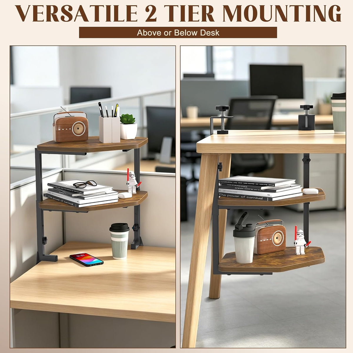 Corner Clamp-on Shelving Above or Below Desk 2 Tier 16 inch Organizer for Table Accessories, Gaming Devices and More