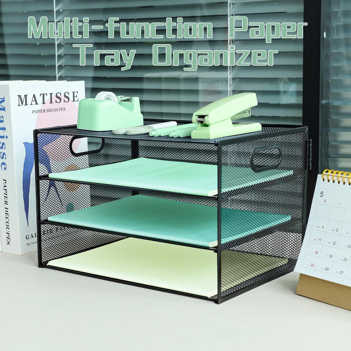 Paper Letter Tray with Handle, 3 Tier Metal Mesh Desk File Organizer, A4 Paper Desktop Filing Trays, Desk Tidy Magazine Document Holder for Home Office, Black
