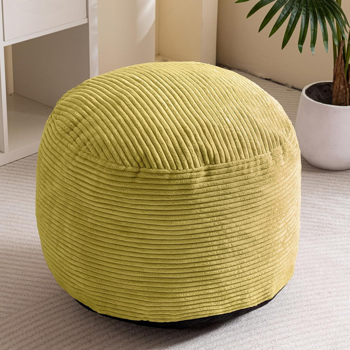 Round Stuffed Pouf Ottoman, Corduroy Poufs with Foam Chunk Filling, Furry and Fluffy Pouf Foot Stool Storage Ottoman, 20 X 15 Floor Poufs Foot Rest for Living Room, Dark Grey