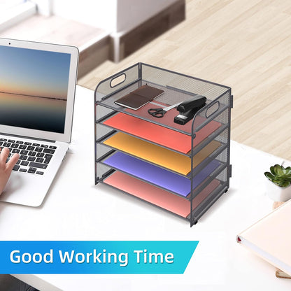 Supeasy 5 Trays Paper Organizer Letter Tray with Handle-Mesh Desk File Holders, Paper Sorter Desk Organizer for Office, Home, Classroom or School