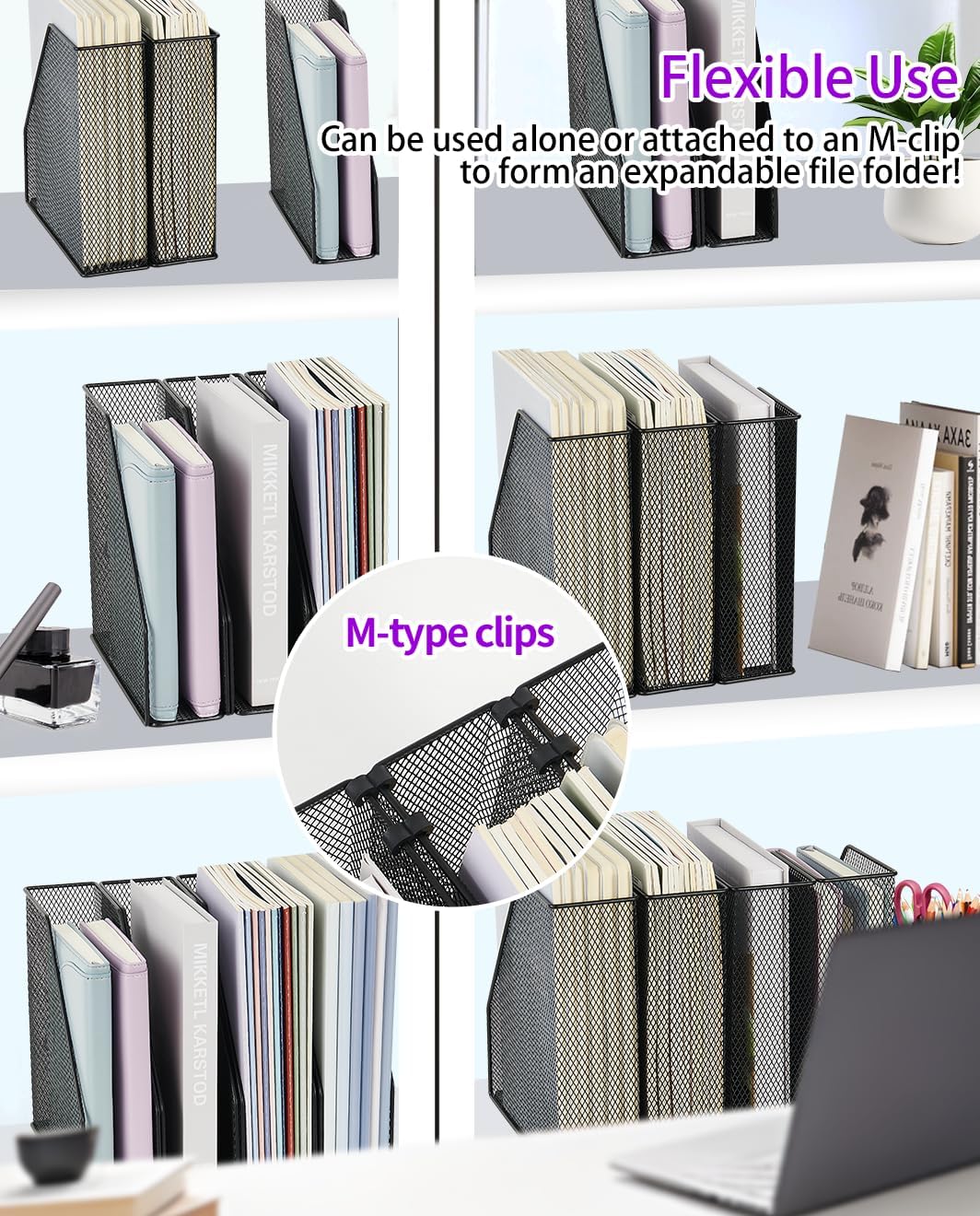 AUPSEN 5-Section File Organizer for Desk, Wood Mesh Desktop File Organizer, File Sorter Storage Rack, Vertical Folder Holder for Files, Magazines, Books (Black)