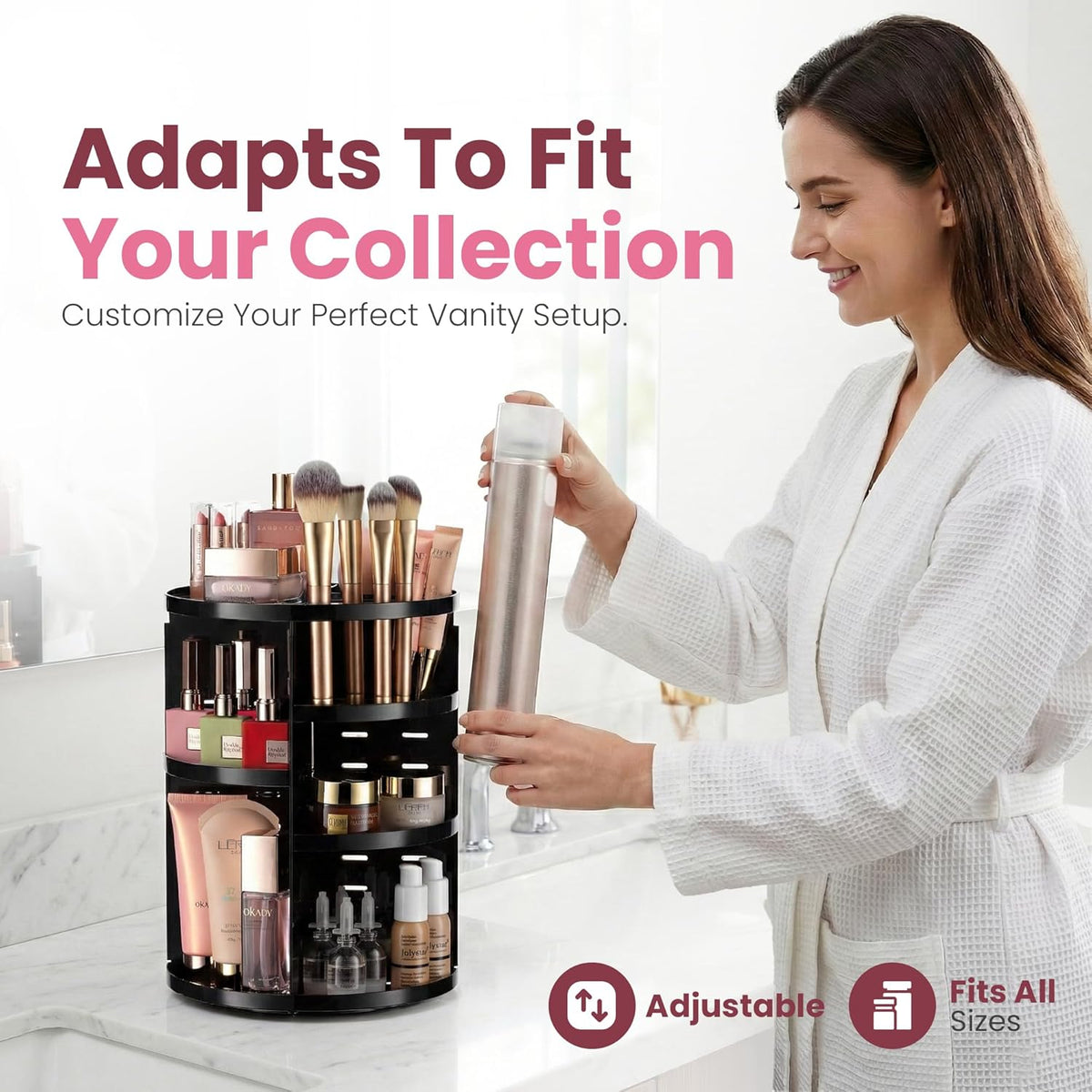 Masirs 360 Rotating Makeup Organizer Countertop - Adjustable Shelf Height - The Perfect Round Spinning Cosmetic Organizer for Bedroom Dresser or Vanity Countertop Storage (Clear)