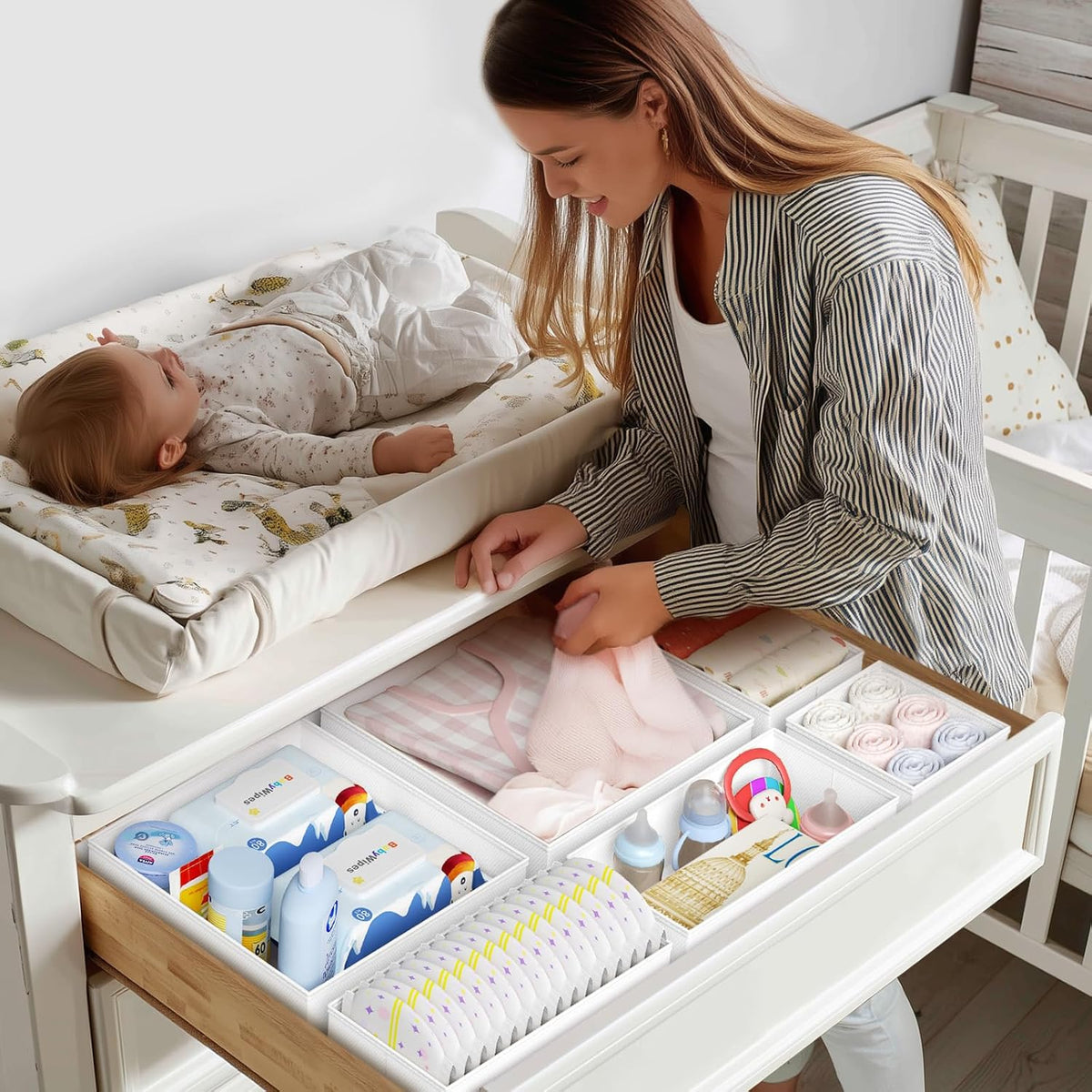 Drawer Organizer Clothes, Dresser Organizer, Foldable Closet Organizers and Storage, Fabric Dresser Bins, Drawer Dividers for Nursery, Baby Clothes, Underwears, Sock (Beige)