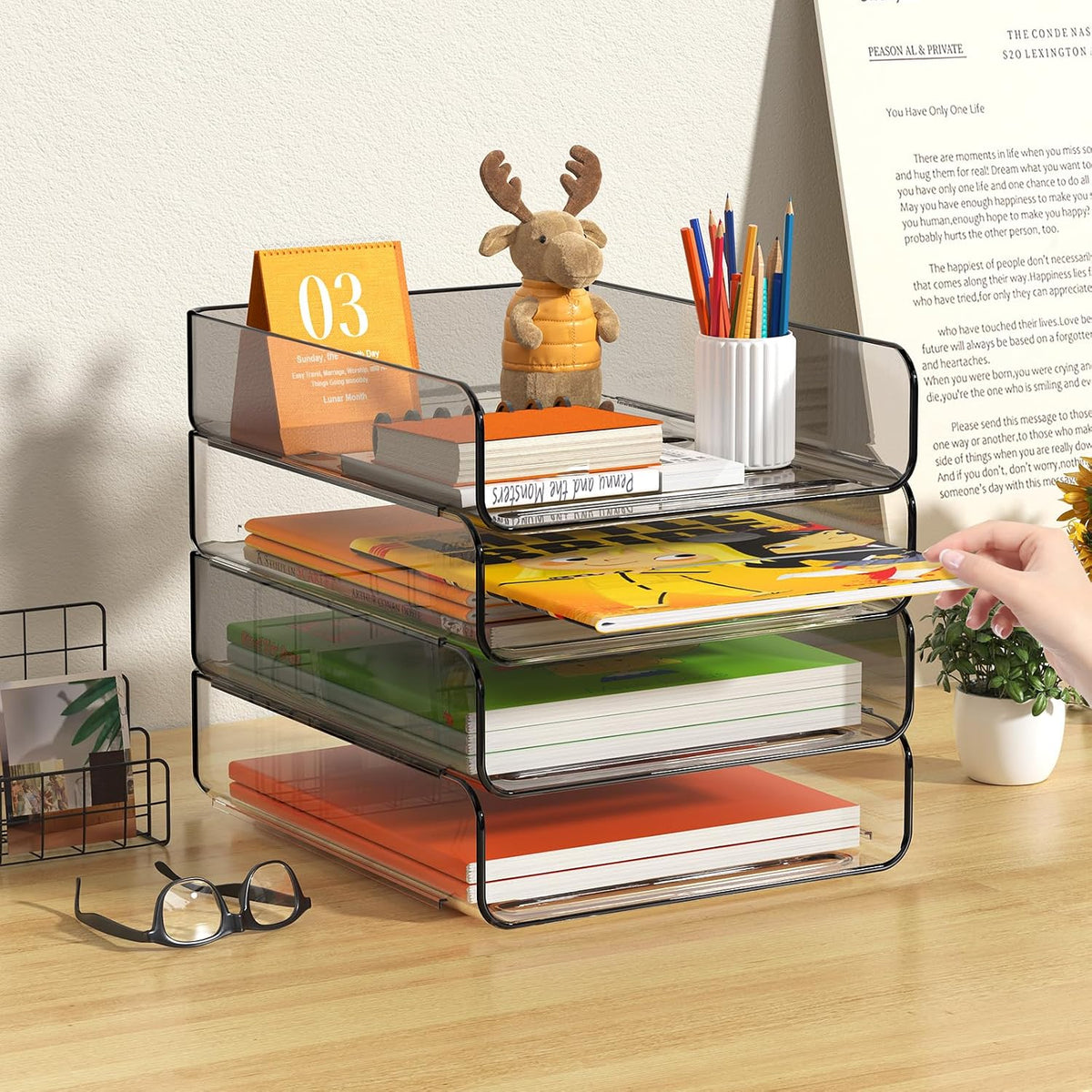 FANXIYQ 4-Tier Acrylic Paper Tray Organizer, Clear Stackable Desk File Organizer for Documents, Files, Letters, A4 Paper, Books, Notes, Mail & Paper Storage, Office Classroom Home