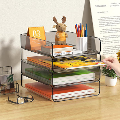FANXIYQ 4-Tier Acrylic Paper Tray Organizer, Clear Stackable Desk File Organizer for Documents, Files, Letters, A4 Paper, Books, Notes, Mail & Paper Storage, Office Classroom Home