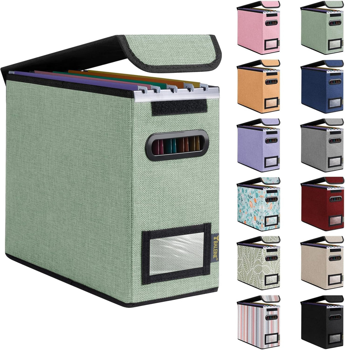 BALEINE File Organizer Box with Lid, Collapsible File Folder Organizer with Plastic Slide, Hanging File Folder Box for Office Document Storage (Black)