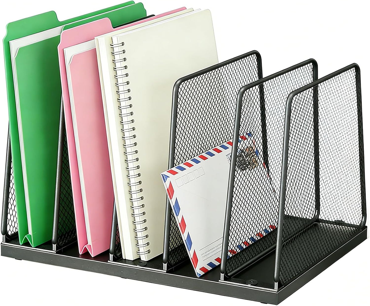 AUPSEN 5-Section File Organizer for Desk, Wood Mesh Desktop File Organizer, File Sorter Storage Rack, Vertical Folder Holder for Files, Magazines, Books (Black)