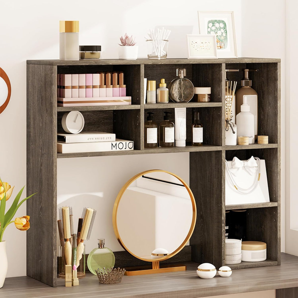 Desktop Bookshelf, Countertop Storage Hutch with 5 Shelves for Computer Desk, Desk 3-Tier Display Rack, Multipurpose Wood Desktop Hutch Storage Organizer for Dorm Office Home