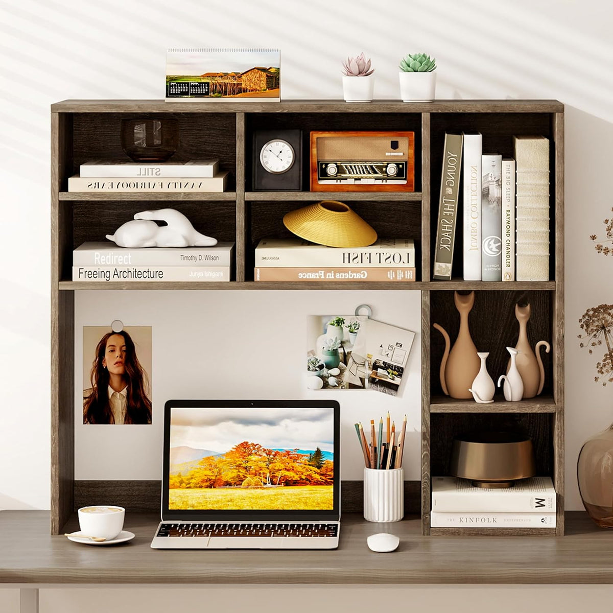Desktop Bookshelf, Countertop Storage Hutch with 5 Shelves for Computer Desk, Desk 3-Tier Display Rack, Multipurpose Wood Desktop Hutch Storage Organizer for Dorm Office Home