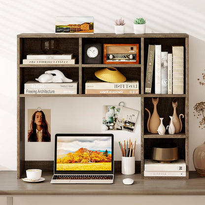 Desktop Bookshelf, Countertop Storage Hutch with 5 Shelves for Computer Desk, Desk 3-Tier Display Rack, Multipurpose Wood Desktop Hutch Storage Organizer for Dorm Office Home