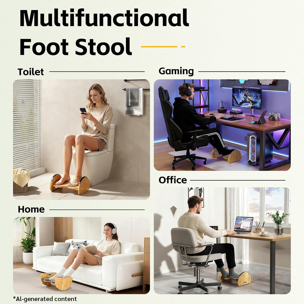 Ergonomic Under Desk Bamboo Footrest, 3-in-1 Reversible Rocking Footrest with Footpads, 4 Adjustable Heights Office Foot Stool, Large Anti-Slip Surface, Improves Posture and Blood Circulation