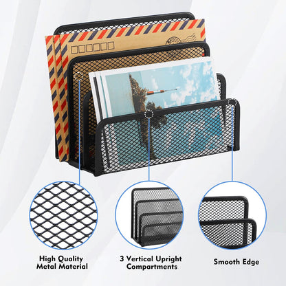 EASEPRES Desk Mail Organizer, Office Small Desktop Metal Mesh Envelope Letter Sorter Paper File Holder Organizer with 3 Vertical Upright Compartments, Black