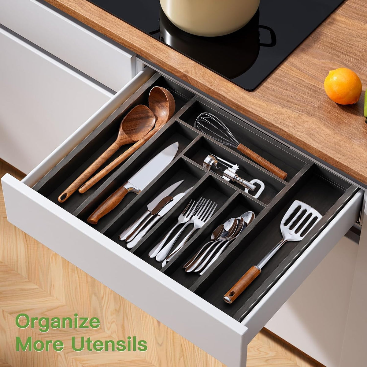 Pipishell Bamboo Expandable Silverware Drawer Organizer, Adjustable Kitchen Utensil Tray for Forks, Spoons and Knives, Wood Storage Cutlery Holder for Bedroom and Living Room