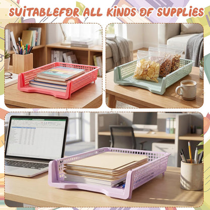 Tenceur 6 Pcs Turn in Trays Classroom, Pastel Paper Tray for Classroom Organization and Storage Stackable Plastic Book Baskets Teacher Organizers for Library Drawers Office Desk