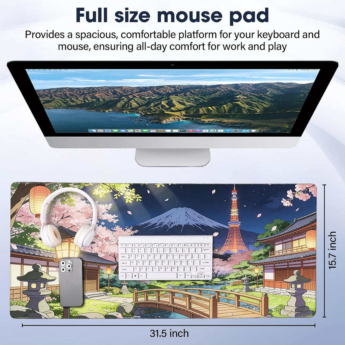 31.5" x 15.7" Waterproof Fabric Desk Pad, Rubber Anti-Slip Base, Stitched Edges No Curling, Fits Laptop Keyboard and Mouse, Smooth Office Mat Large Mouse Pad for Work Game, Black