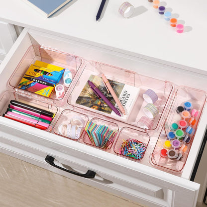Adjustable Clear Drawer Organizer, Extendable Vanity Storage Bins, Desk Drawer Organizer Set for Makeup, Cosmetics, Bedroom, and Gadgets, Purple