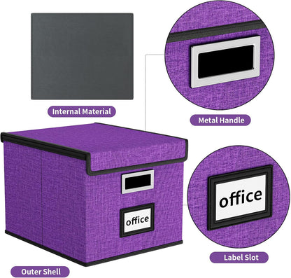 Upgraded Portable File Organizer Box with Lid, Collapsible Linen Hanging Filing Storage Boxes with Plastic Slides, Decorative Home/Office Filing System Box for File and Folders Storage (Gray)
