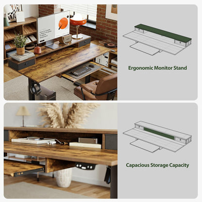 48 * 24 Inch Electric Standing Desk with Shelf & Led, Dark Walnut