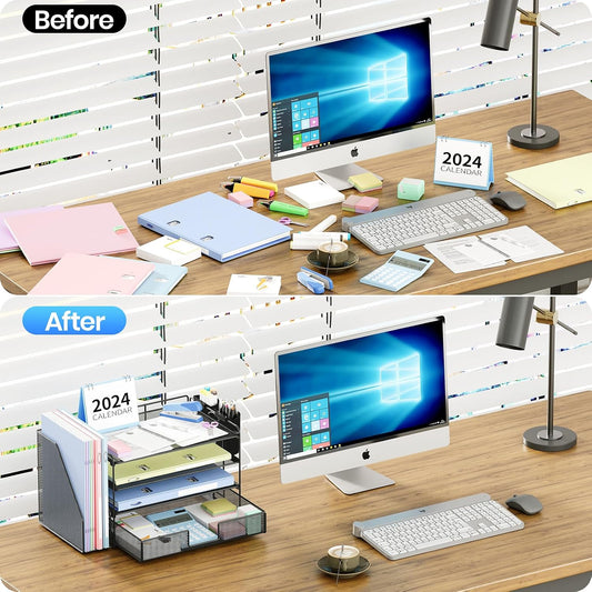 OPNICE Desk Organizer, 4-Tier Desktop File Organizer with Drawer and 2 Pen Holders, Office Desk Accessories, File Sorters, Workspace Organizers for Office Supplies(Black)