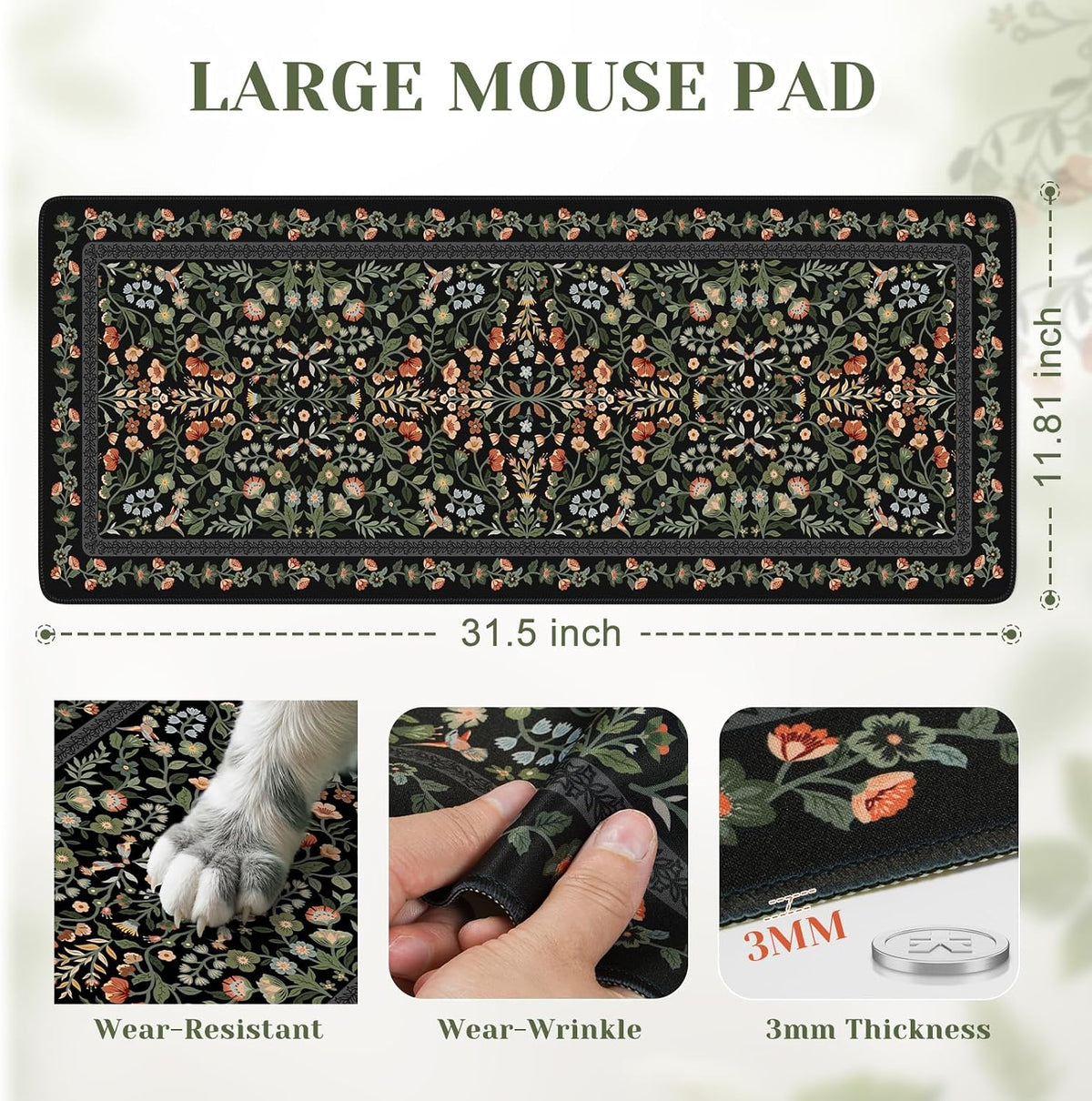 iCasso Desk Mat for Keyboard and Mouse, Large Mouse Pad, Desk Pad Mat, Anti-Slip Big Mousepad with Stitched Edges for Computer Desktop(Deep Green)