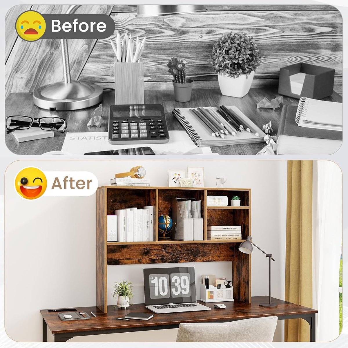 Desktop Bookshelf, Countertop Storage Hutch with 5 Shelves for Computer Desk, Desk 3-Tier Display Rack, Multipurpose Wood Desktop Hutch Storage Organizer for Dorm Office Home